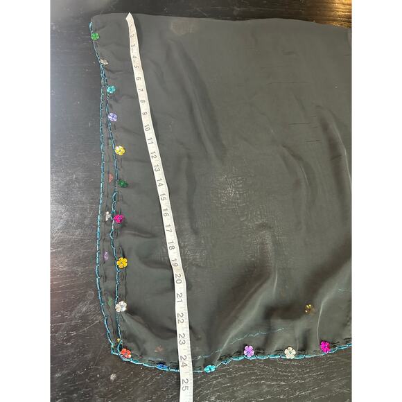 Whimsigoth- Black Sheer Shawl- with blue beaded trim with floral sequin- fairy - Picture 5 of 5